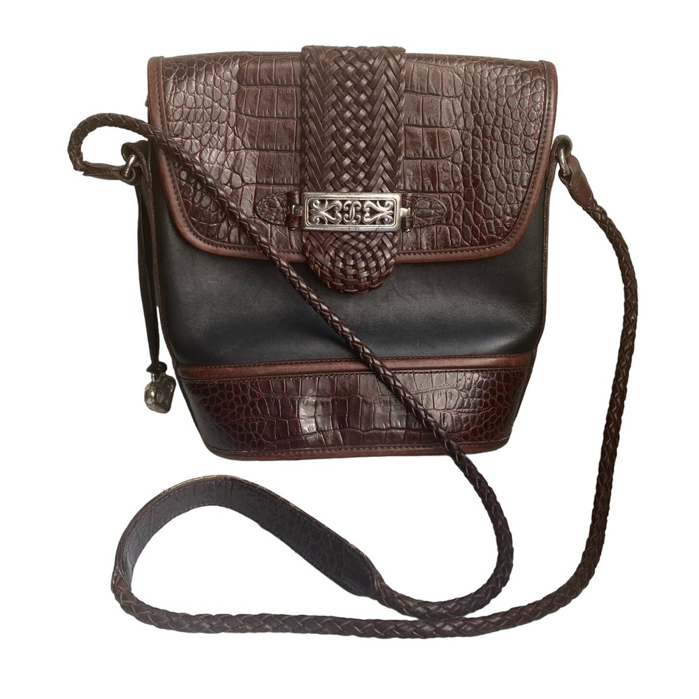 Vintage Brighton Cheryl Crossbody Leather Bag Alligator Embossed Black Brown 90s